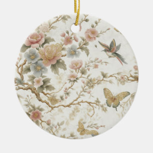 Vintage Chinese Floral Pattern with Hummingbird Ceramic Ornament