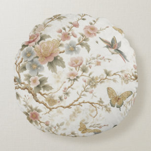 Vintage Chinese Floral Pattern with Hummingbird Round Pillow