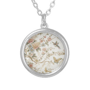 Vintage Chinese Floral Pattern with Hummingbird Silver Plated Necklace
