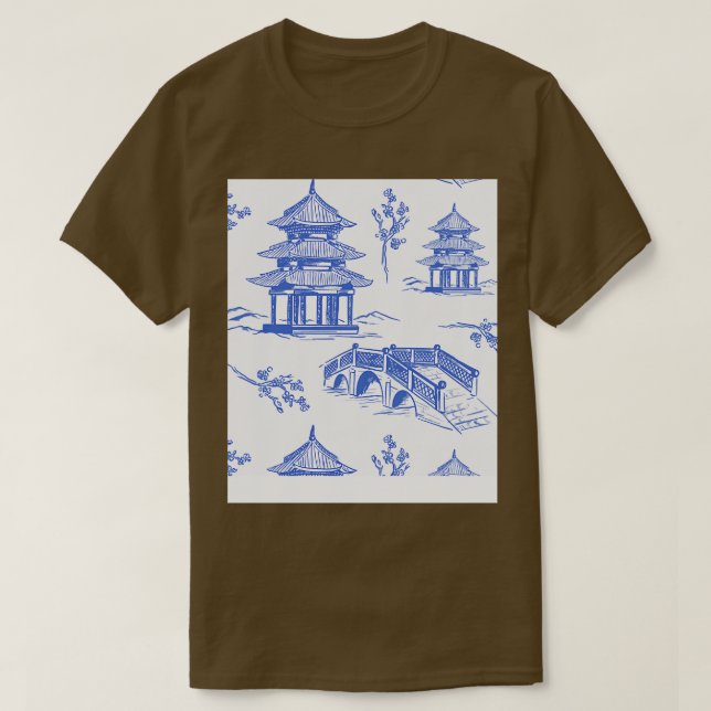 Vintage Chinese Garden Blue White Pattern T-Shirt (Design Front)