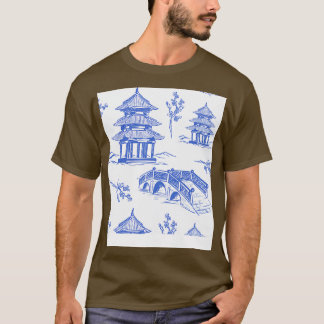 Vintage Chinese Garden Blue White Pattern T-Shirt