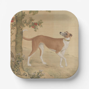 Vintage Chinese Greyhound Dog & Bird Art Paper Plates