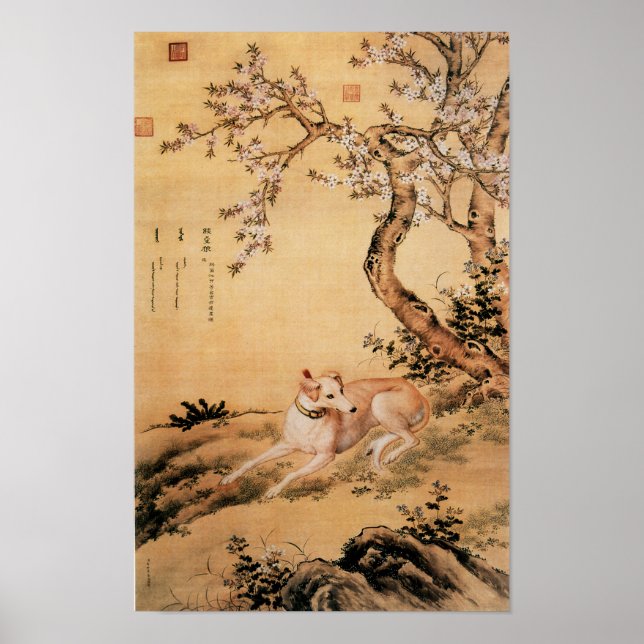 Vintage Chinese Greyhound Under Peach Blossoms Poster (Front)