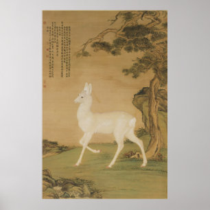 Vintage Chinese Imperial Art White Deer Painting Poster