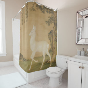 Vintage Chinese Imperial Art White Deer Painting Shower Curtain