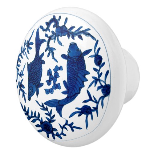 Vintage Chinese Koi Fish Print Blue White  Ceramic Knob
