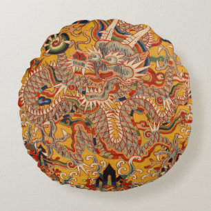 Vintage Chinese Oriental Dragon Round Pillow