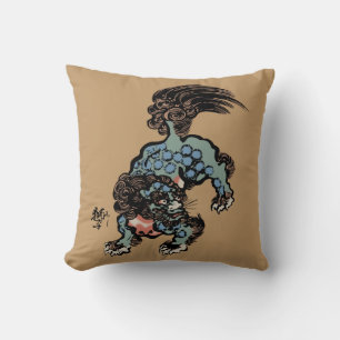 Vintage Chinese Shi Lion on Camel Brown Throw Pillow