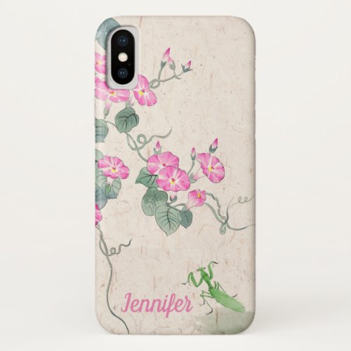 Vintage Chinese Style Green Pink Flower Painting iPhone X Case