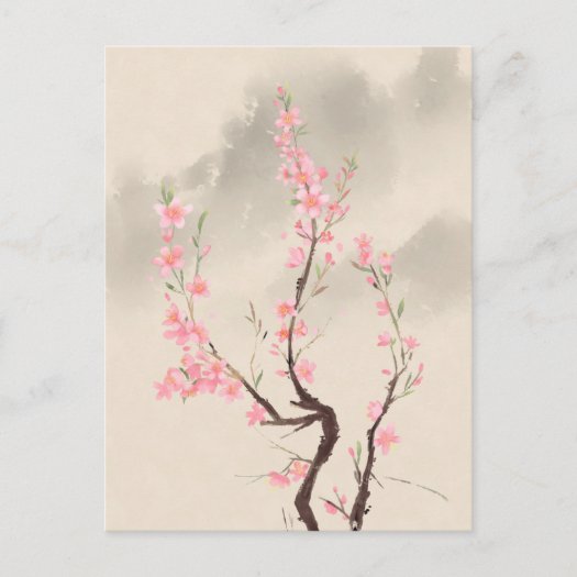 Vintage Chinese Style Green Pink Flower Painting