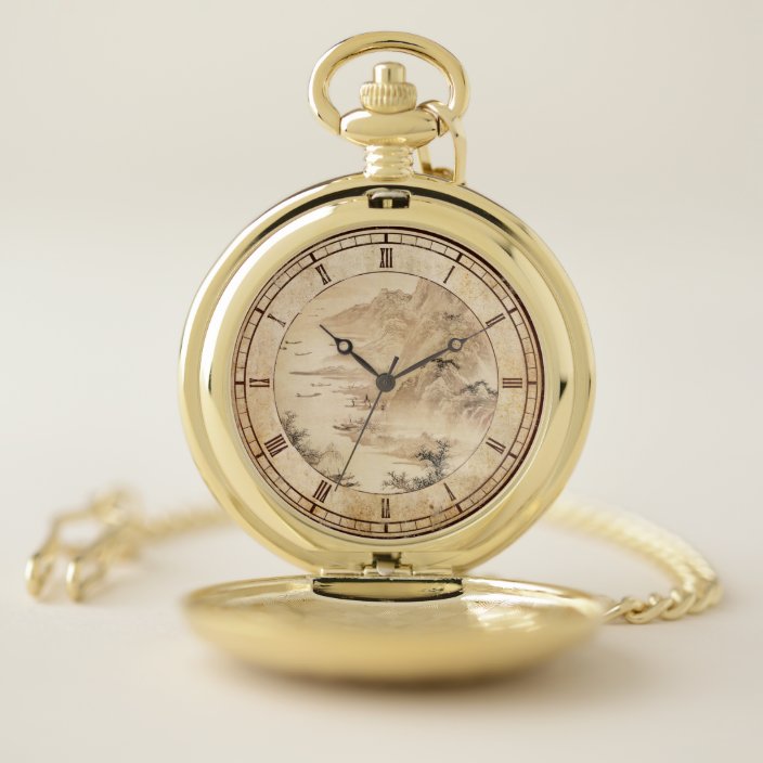 Vintage Chinese Sumi E Painting Landscape Scenery Pocket Watch Zazzle Com