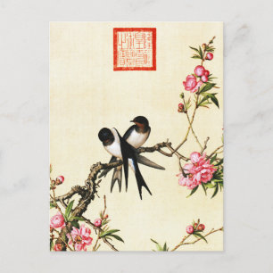 Vintage Chinese Swallows & Peach Blossoms Postcard