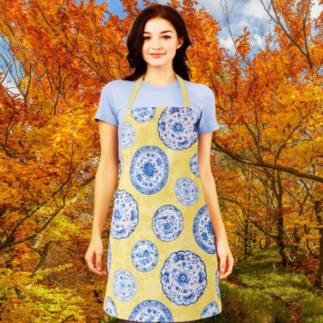 Vintage Chinoiserie Antique Plates Faded Damask  Apron (Vintage chinoiserie plates on a faded damask background)