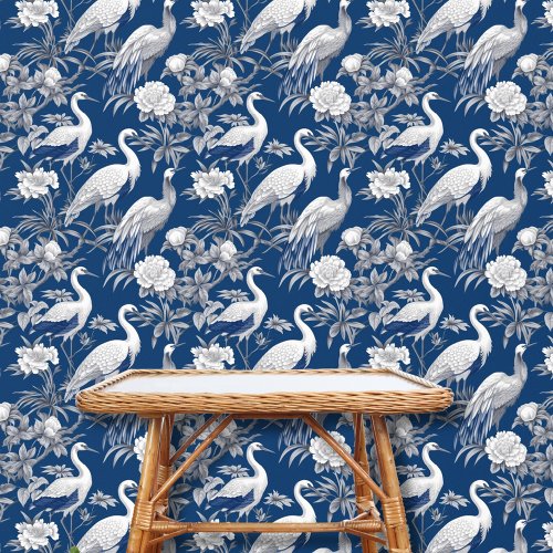 Vintage Chinoiserie Asian Bird Blue White Floral Wallpaper