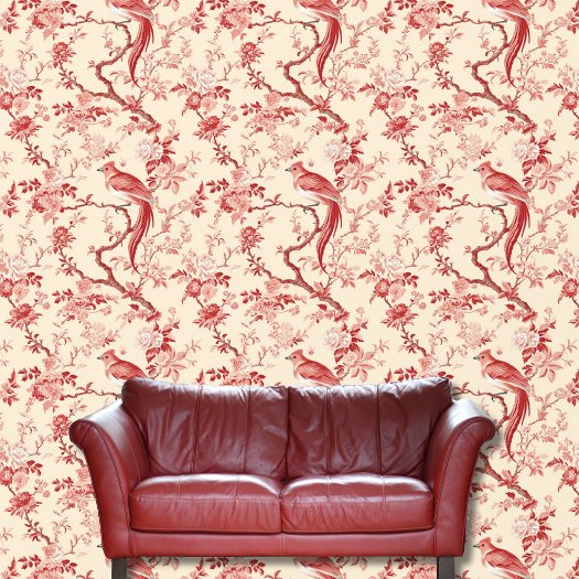 Vintage Chinoiserie Asian Bird Red Pink Floral 