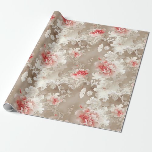 Vintage Chinoiserie Asian Floral White Pink Wrapping Paper