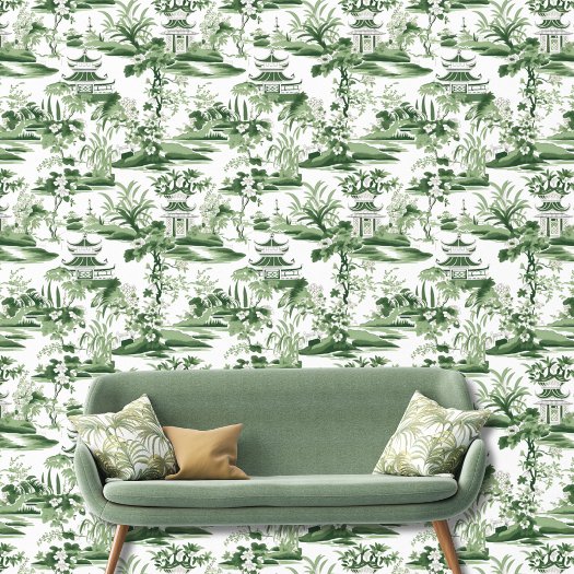 Vintage Chinoiserie Asian Green White Landscape