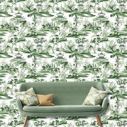 Vintage Chinoiserie Asian Green White Landscape Wallpaper