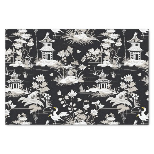 Vintage Chinoiserie Asian Pagoda Bird Black White 
