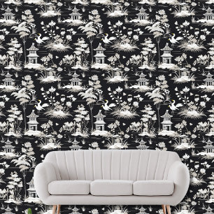 Vintage Chinoiserie Asian Pagoda Bird Black White Wallpaper
