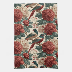 Vintage Chinoiserie Birds and Red Peony Flowers Kitchen Towel