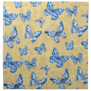 Vintage Chinoiserie Blue Butterflies Faded Damask  Cloth Napkin