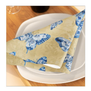Vintage Chinoiserie Blue Butterflies Faded Damask  Cloth Napkin