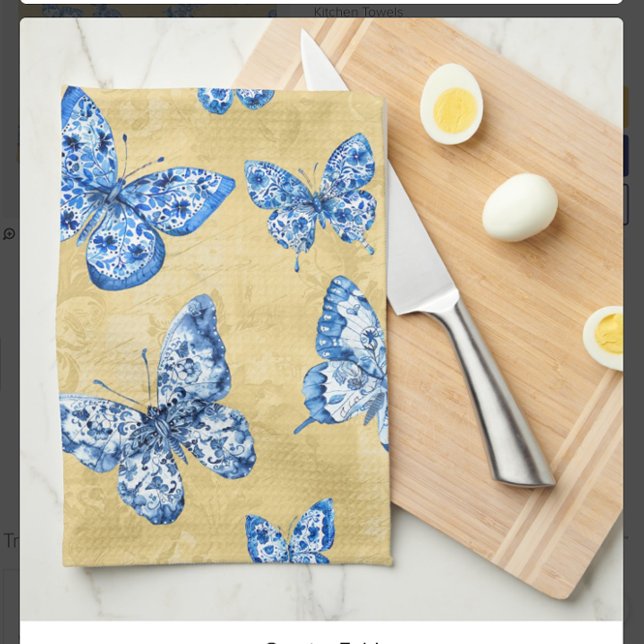 Vintage Chinoiserie Blue Butterflies Faded Damask  Kitchen Towel (Creator Uploaded)