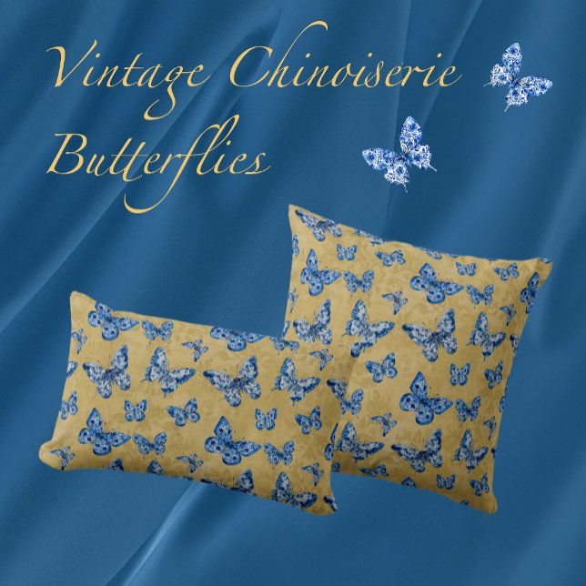 Vintage Chinoiserie Blue Butterflies Faded Damask  Throw Pillow (Creator Uploaded)