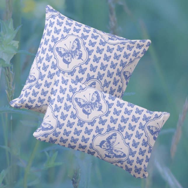 Vintage Chinoiserie Blue Butterflies on White Throw Pillow (Creator Uploaded)