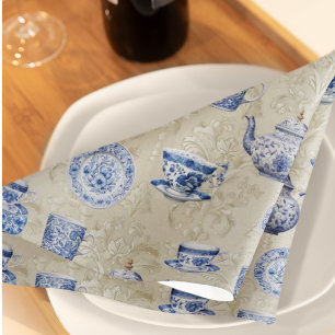 Vintage Chinoiserie Blue Dishes Antique Damask Cloth Napkin