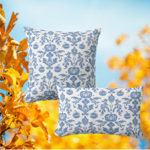 Vintage Chinoiserie Blue White Autumn Pumpkins Lumbar Pillow