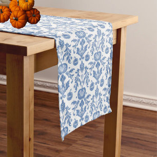 Vintage Chinoiserie Blue White Autumn Pumpkins Short Table Runner
