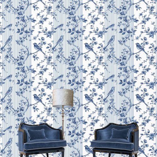 Vintage Chinoiserie Blue White Bird Floral  Wallpaper