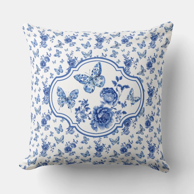 Vintage Chinoiserie Blue White Butterflies Flowers Throw Pillow (Front)