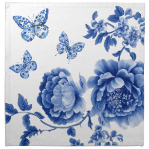 Vintage Chinoiserie Blue White Butterfly Roses Cloth Napkin