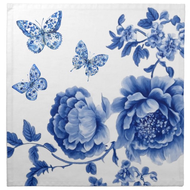 Vintage Chinoiserie Blue White Butterfly Roses  Cloth Napkin (Front)