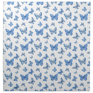 Vintage Chinoiserie Blue White Butterfly Roses  Cloth Napkin