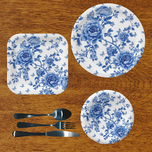 Vintage Chinoiserie Blue White Butterfly Roses  Paper Plates