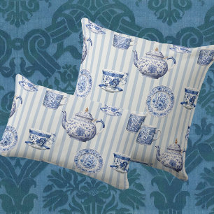 Vintage Chinoiserie Blue White Dishes Blue Stripe Accent Pillow