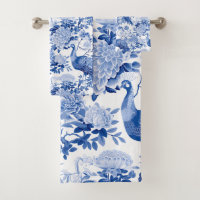Vintage Chinoiserie Blue White Floral Peacocks