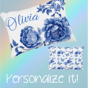 Vintage Chinoiserie Blue White Roses Personalized Accent Pillow