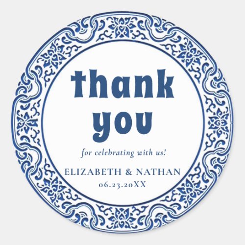 Vintage Chinoiserie Blue  White Thank You Classic Round Sticker