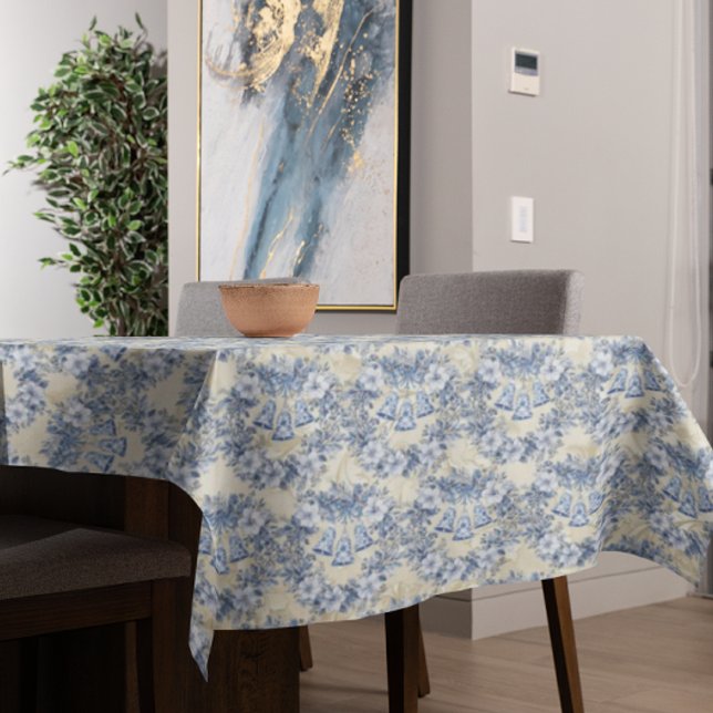 Vintage Chinoiserie Blue Wreath Bells Holiday Tablecloth (Elegant holiday dining on vintage chinoiserie style.)