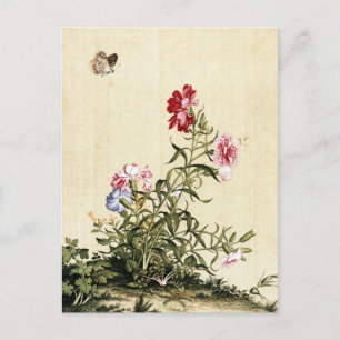 Vintage Chinoiserie Carnations & Butterfly Art Postcard