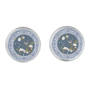 Vintage Chinoiserie Chinese Bird-flower Art Cufflinks