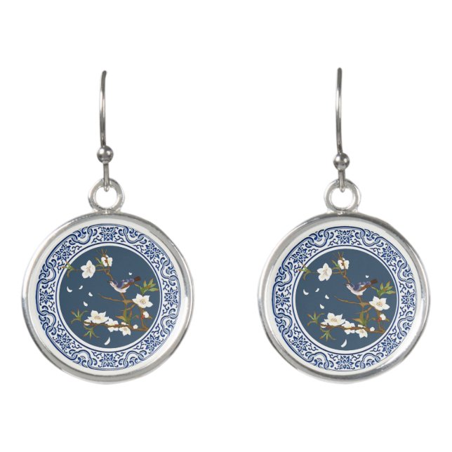 Vintage Chinoiserie Chinese Bird-flower Art Earrings (Front)