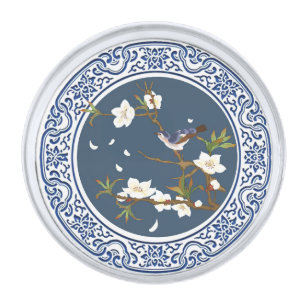 Vintage Chinoiserie Chinese Bird-flower Art Silver Finish Lapel Pin