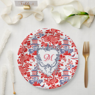 Vintage Chinoiserie Delft French Blue monogram Paper Plates