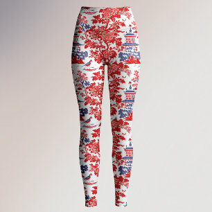 Vintage Chinoiserie Delft French red Blue Capri Leggings